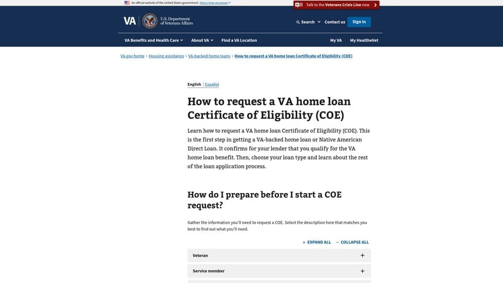 Screenshot of VA.gov Certificate of Eligibility Tool website