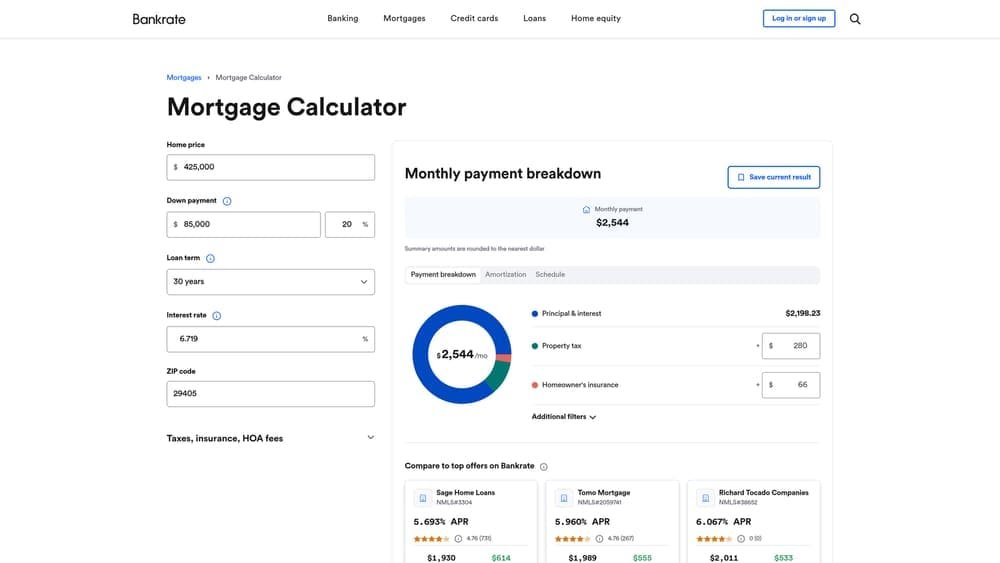 Screenshot of Bankrate Mortgage Calculator website