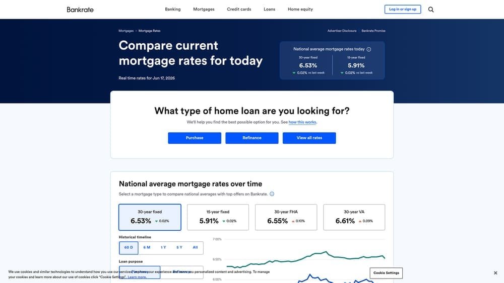 Screenshot of Bankrate Mortgage Rate Comparison Tool website