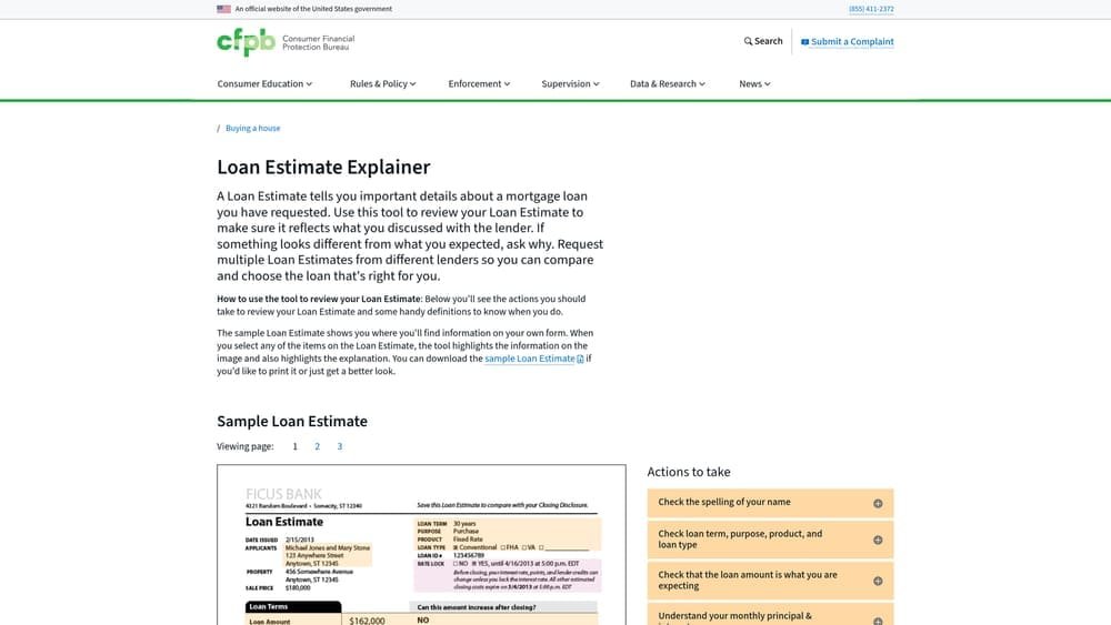 Screenshot of CFPB Loan Estimate Explainer website